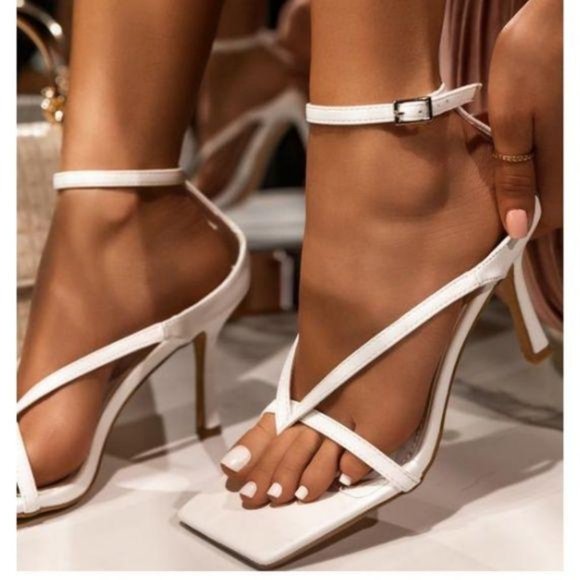 Shoes - !!NEW!! Square Toe Ankle Wrap Thong Heels – White